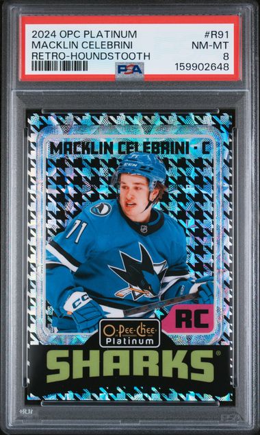 2024-25 O-Pee-Chee Platinum Retro Houndstooth #R91 Macklin Celebrini #14/15 PSA 8 (Rookie)
