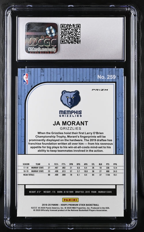 2019-20 Panini Hoops Premium Stock Blue Cracked Ice #259 Ja Morant CGC 10 (Rookie)