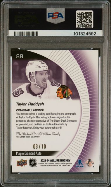2023-24 UD Allure Purple Diamond Autograph #88 Taylor Raddysh #03/10 PSA 9 (Rookie)