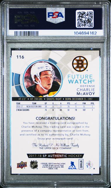 2017-18 SP Authentic #116 Charlie McAvoy #401/999 PSA 9 (Rookie)