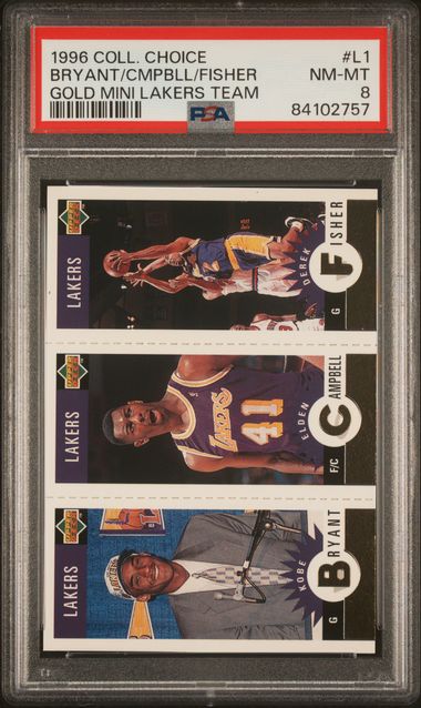 1996-97 Collector's Choice Lakers Team Mini Gold #L1 Kobe Bryant/Elden Campbell/Derek Fisher PSA 8 (Rookie)
