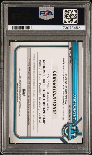 2021 Bowman University Chrome Prospect Autograph Lava Refractor #JM JJ McCarthy #062/199 PSA 9