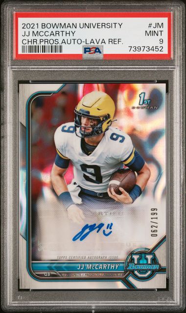 2021 Bowman University Chrome Prospect Autograph Lava Refractor #JM JJ McCarthy #062/199 PSA 9