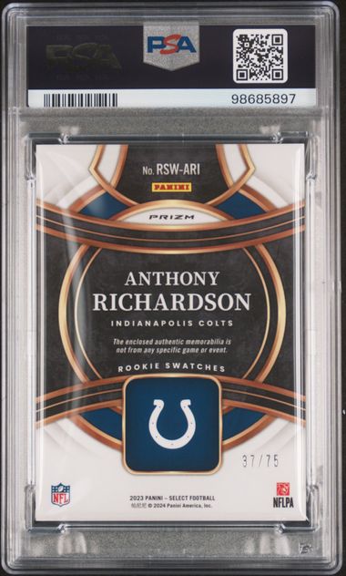 2023 Panini Select Rookie Swatch White Prizm #RSWARI Anthony Richardson #37/75 PSA 10 (Rookie)