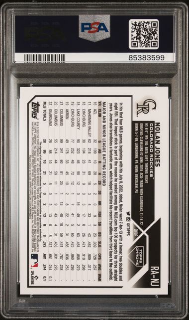 2023 Topps Chrome Rookie Autograph Aqua Wave Refractor #RANJ Nolan Jones #087/199 PSA 9 (Rookie)