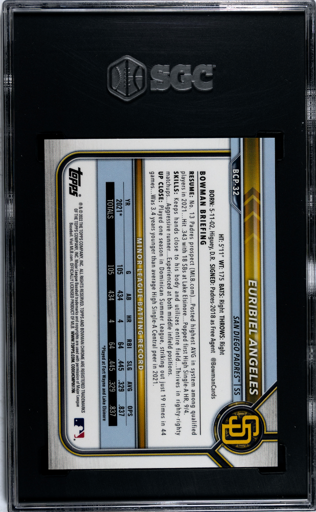2022 Bowman Chrome Prospects Green Refractor #BCP32 Euribiel Angeles #13/99 SGC 9.5