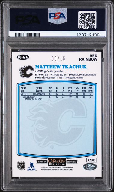 2016-17 O-Pee-Chee Platinum Retro Red Rainbow #R86 Matthew Tkachuk #06/15 PSA 9 (Rookie) (PSA Mislabel)
