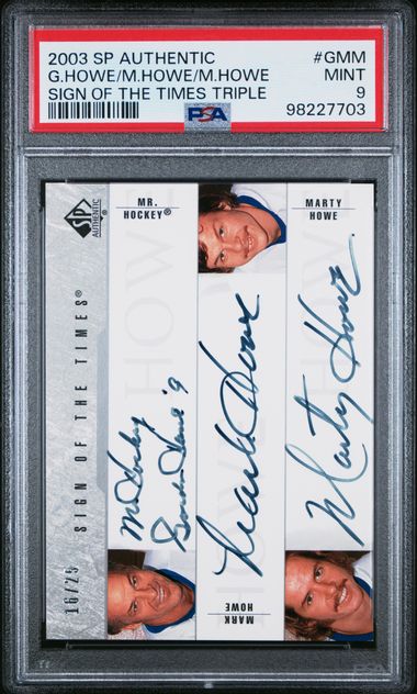 2003-04 SP Authentic Sign of the Times #GMM Gordie Howe/Mark Howe/Marty Howe #16/25 PSA 9