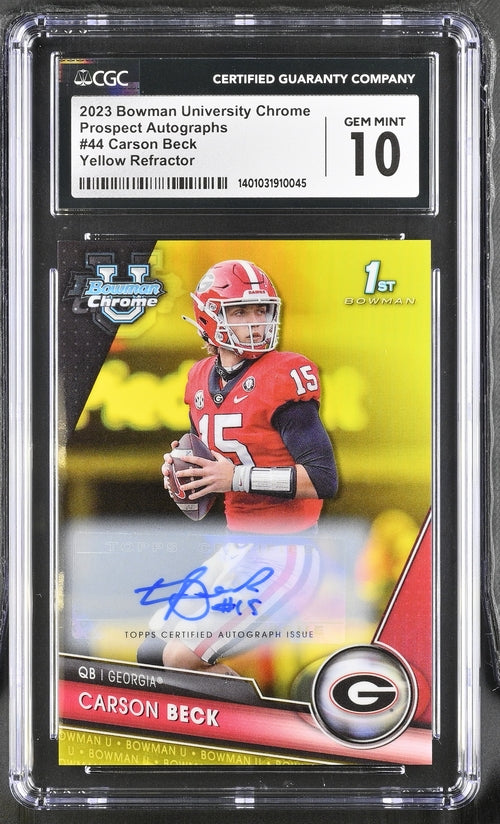 2023 Bowman University Chrome Prospect Autographs Yellow Refractor #44 Carson Beck #56/75 CGC 10 (Auto 10)