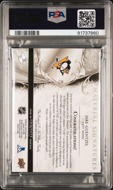 2021-22 Upper Deck Ice 2019 Exquisite Material Signatures Update #EMSGU Jake Guentzel #25/65 PSA 8
