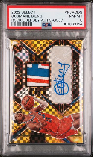 2022-23 Panini Select Rookie Jersey Auto Gold Prizm #RJAODG Ousmane Dieng #03/10 PSA 8 (Rookie)