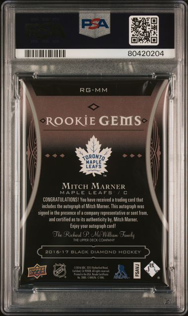 2016-17 Black Diamond Rookie Gems Pure Black Signatures #RGMM Mitch Marner #10/99 PSA 8 (Rookie) | Eastridge Sports Cards