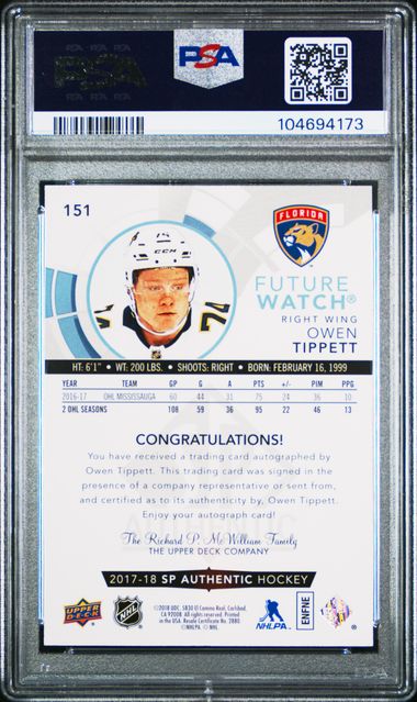 2017-18 SP Authentic #151 Owen Tippett #184/999 PSA 9 (Rookie)