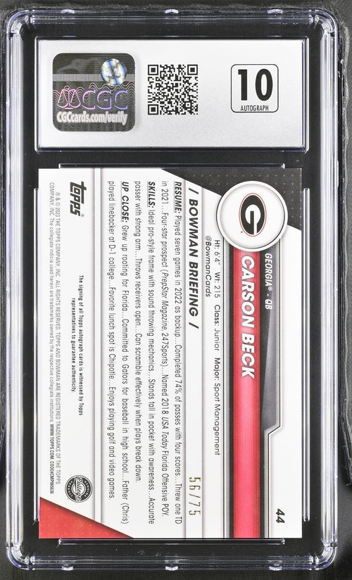 2023 Bowman University Chrome Prospect Autographs Yellow Refractor #44 Carson Beck #56/75 CGC 10 (Auto 10)