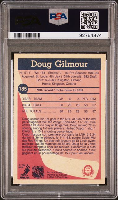 1984-85 O-Pee-Chee #185 Doug Gilmour PSA 8 (Rookie) | Eastridge Sports Cards