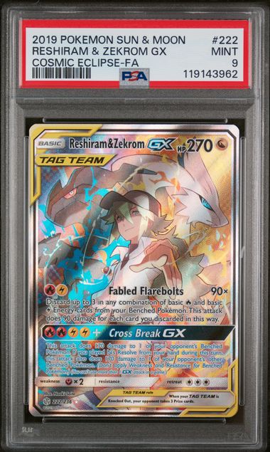 2019 Pokemon Cosmic Eclipse #222 Reshiram & Zekrom GX- Full Art Holo PSA 9