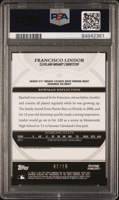2011 Bowman Sterling Prospects Purple Refractor #45 Francisco Lindor #03/10 PSA 9