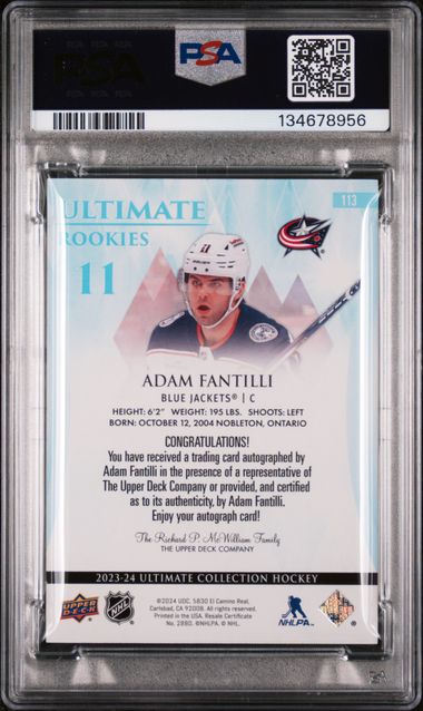 2023-24 Ultimate Collection #113 Adam Fantilli #12/99 PSA 10 (Rookie)