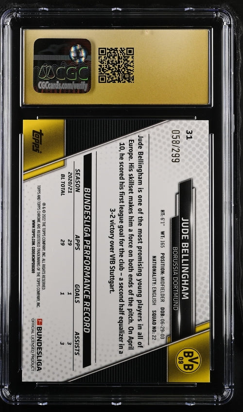 2021-22 Topps Chrome Bundesliga Purple Wave Refractor #31 Jude Bellingham #058/299 CGC 10 (Pristine)