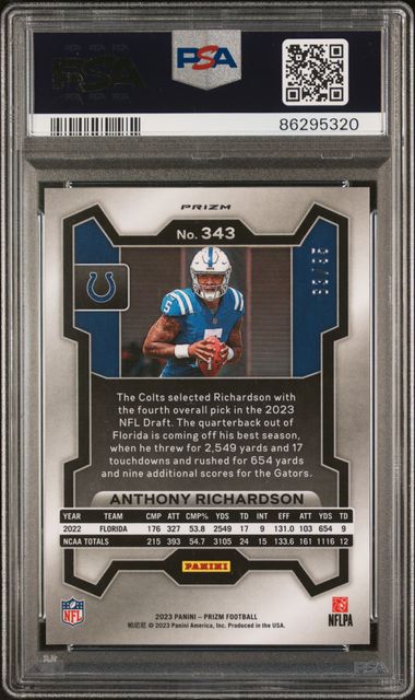 2023 Panini Prizm No Huddle Blue Prizm #343 Anthony Richardson #63/95 PSA 10 (Rookie)