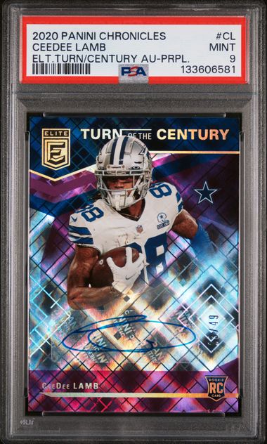2020 Panini Chronicles Elite Turn of the Century Autograph Purple #CL CeeDee Lamb #13/49 PSA 9 (Rookie)