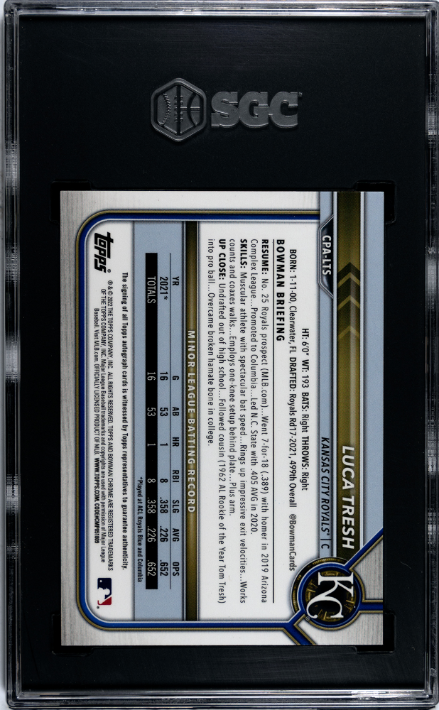 2022 Bowman Chrome Prospects Auto Yellow Refractor #CPA-LTS Luca Tresh #09/75 SGC 8 (Auto 10)