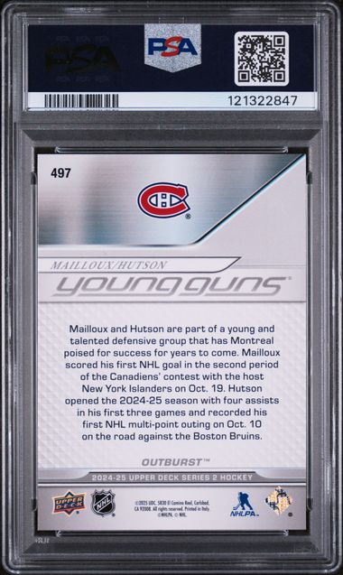 2024-25 Upper Deck Outburst #497 Logan Mailloux/Lane Hutson PSA 10 (Rookie)