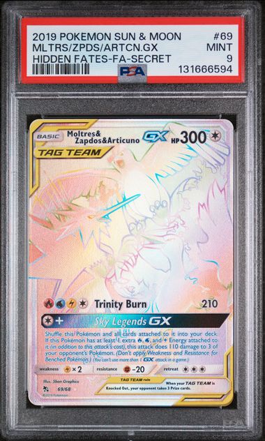 2019 Pokemon Hidden Fates #69 Moltres & Zapdos & Articuno GX - Full Art Secret Rare PSA 9
