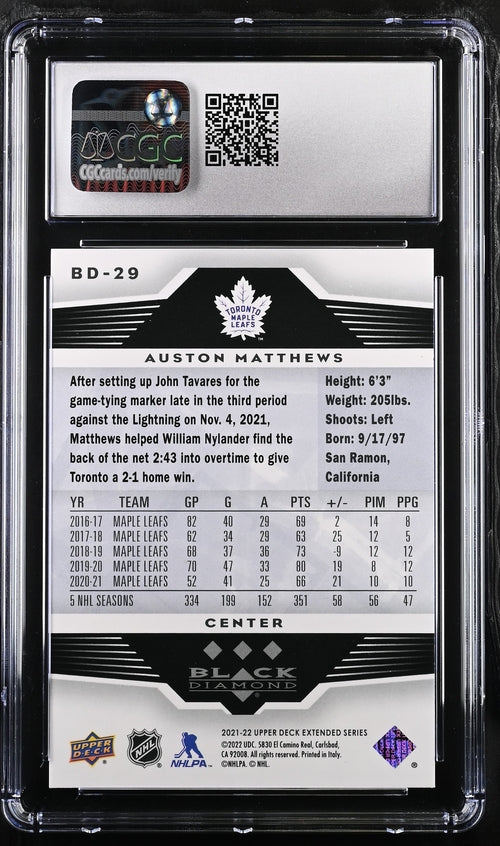 2021-22 Upper Deck Extended '05-06 Retro Black Diamond #BD-29 Auston Matthews CGC 10