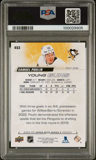 2022-23 Upper Deck Exclusives #453 Samuel Poulin #033/100 PSA 10 (Rookie)