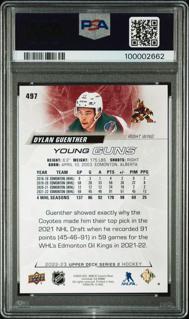 2022-23 Upper Deck #497 Dylan Guenther PSA 8 (Rookie)
