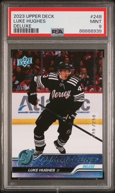 2023-24 Upper Deck Deluxe #248 Luke Hughes #099/250 PSA 9 (Rookie)