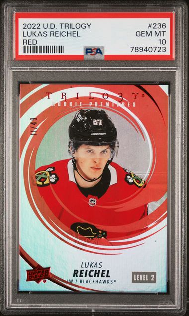 2022-23 Upper Deck Trilogy Red #236 Lukas Reichel #11/49 PSA 10 (Rookie)