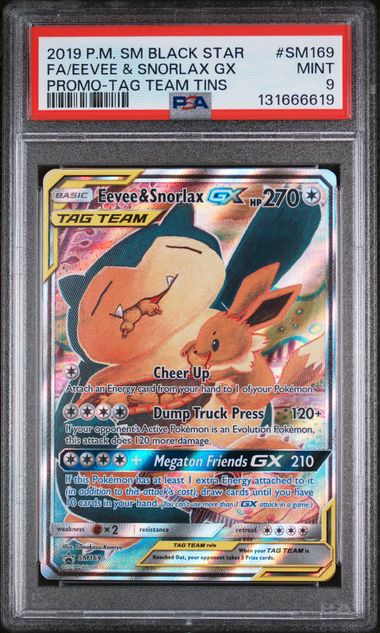 2019 Pokemon Tag Team Tins Black Star Promo #SM169 Eevee & Snorlax GX- Full Art PSA 9