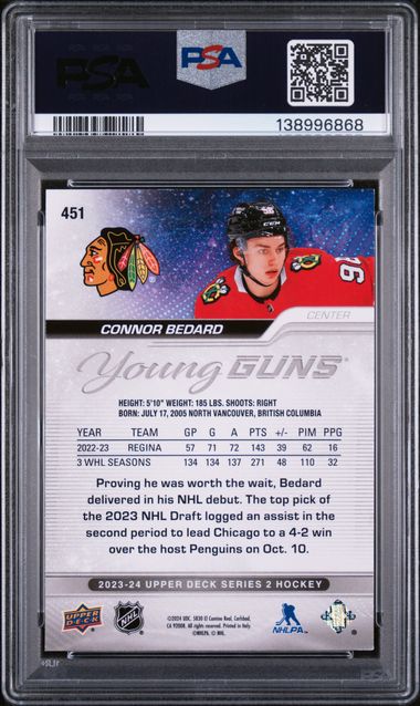 2023-24 Upper Deck #451 Connor Bedard PSA 8 (Rookie)
