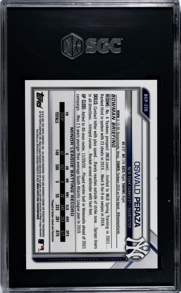 2021 Bowman Chrome Mega Box Blue Refractor #BCP-220 Oswald Peraza #069/150 SGC 9