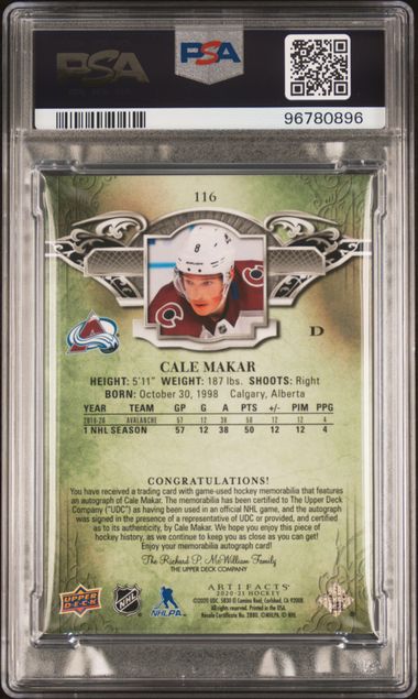 2020-21 Upper Deck Artifacts Emerald Auto Material #116 Cale Makar #08/15 PSA 8 (Jersey #)