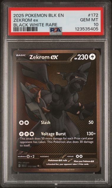 2025 Pokemon Black Bolt #172 Zekrom ex - Black White Rare PSA 10