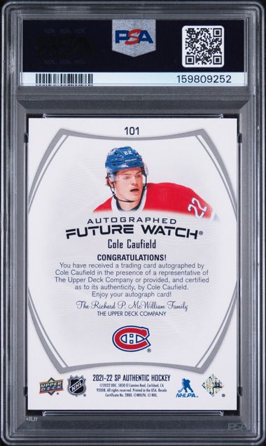 2021-22 SP Authentic #101 Cole Caufield #500/999 PSA 8 (Rookie)