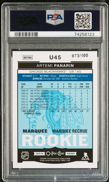 2015-16 O-Pee-Chee Update Black Rainbow Foil #U45 Artemi Panarin #073/100 PSA 9 (Rookie)