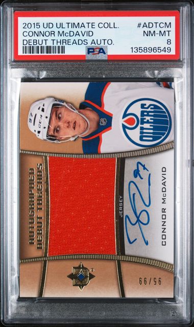 2015-16 Upper Deck Ultimate Collection Autographed Debut Threads #ADTCM Connor McDavid #95/99 PSA 8 (Rookie)