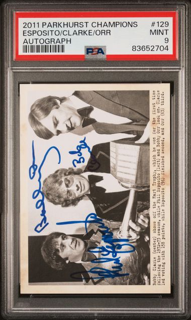 2011-12 Parkhurst Champions Autographs #129 Phil Esposito/Bobby Clarke/Bobby Orr PSA 9 | Eastridge Sports Cards
