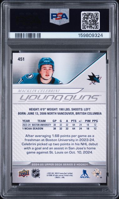 2024-25 Upper Deck #451 Macklin Celebrini PSA 8 (Rookie)