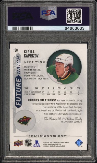 2020-21 SP Authentic #198 Kirill Kaprizov #653/999 PSA 10 (Rookie)