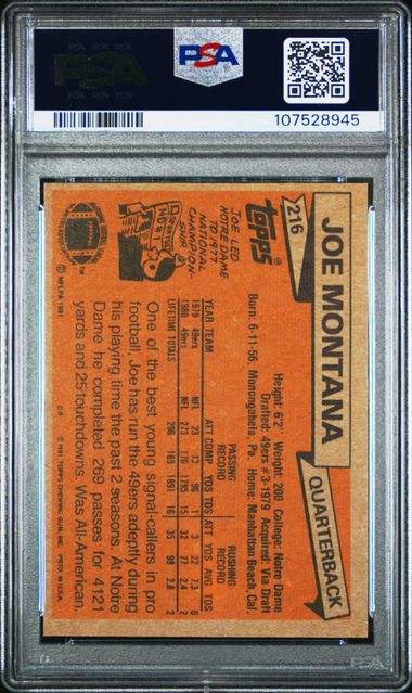 1981 Topps #216 Joe Montana PSA 8(MC) (Rookie)