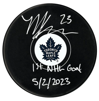 Matthew Knies Autographed Toronto Maple Leafs 1st Goal Inscribed Puck (COJO Sports)