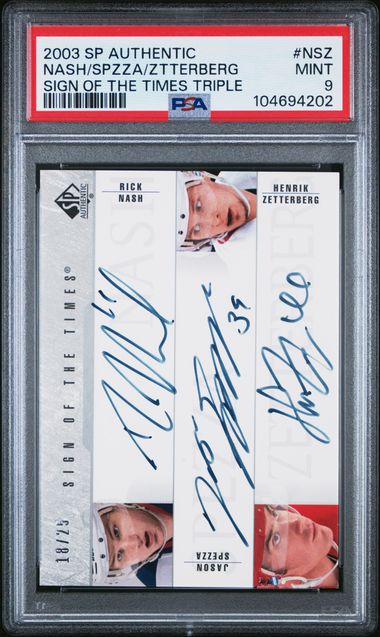 2003-04 SP Authentic Sign of the Times #NSZ Rick Nash/Jason Spezza/Henrik Zetterberg #18/25 PSA 9