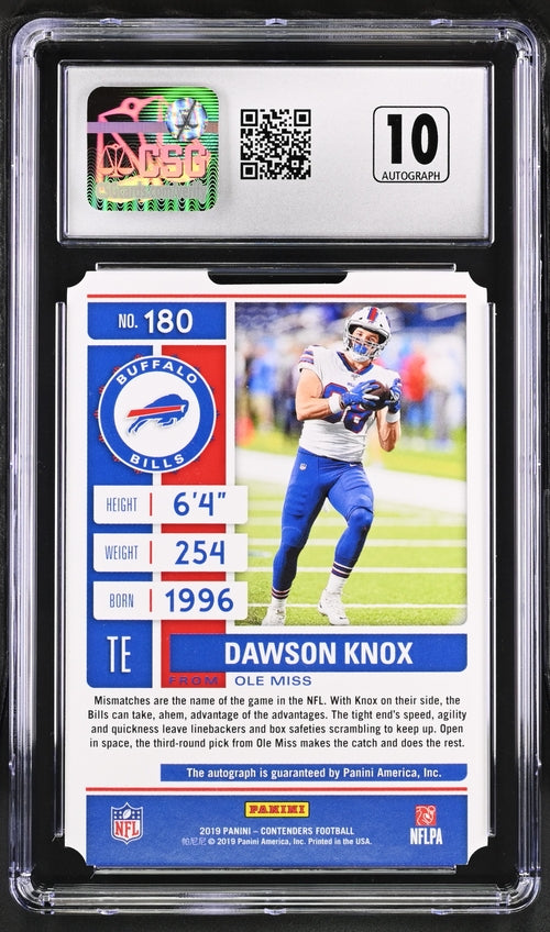 2019 Panini Contenders Rookie Ticket Stub Autograph #180 Dawson Knox #15/88 CGC 10 (Rookie)
