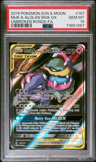 2019 Pokemon Unbroken Bonds #197 Muk & Alolan Muk GX- Full Art PSA 10