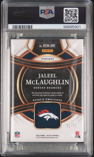 2023 Panini Select Rookie Swatch White Prizm #RSWJMC Jaleel McLaughlin #31/75 PSA 9 (Rookie)